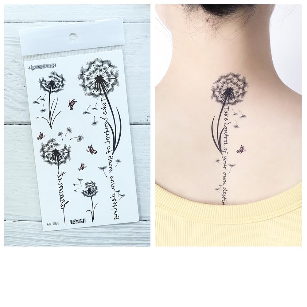 S.A.V.I 3 Pcs Floral Temporary Tattoo Stickers for Women & Girls – Safe Non-Toxic, Black Ink, Long Lasting, Waterproof, 16x9 cm, Dandelion & Flower Designs, Easy to Apply for Arms, Neck & Back (08)