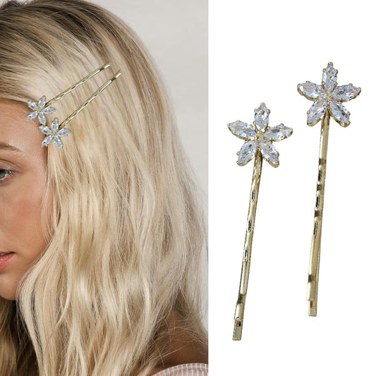 S.A.V.I 1 Pair Crystal Flower Bobby Pins for Women | Gold Hair Clips with Rhinestone Design – Stylish Hairpins for Party, Wedding & Daily | 6cm Long Elegant Hair Accessories