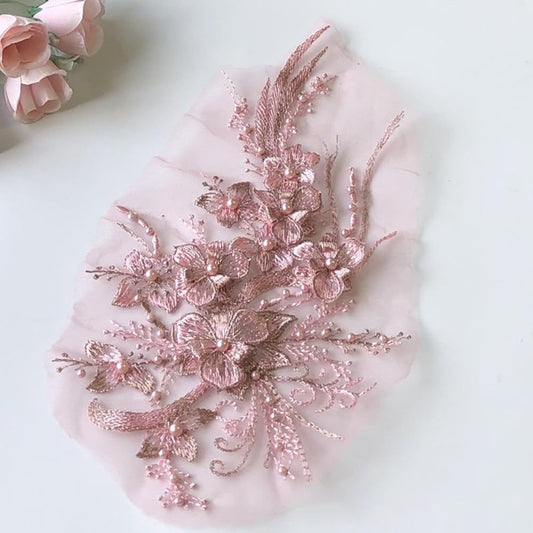 S.A.V.I Pink 3D Floral Embroidered Applique Patch | 12x6 Inch Sew-On Mesh Lace Fabric with Pearls | Bridal Blouse, Lehenga, Saree, Gown, Dress  DIY Craft Sewing Accessory for Women  Designers