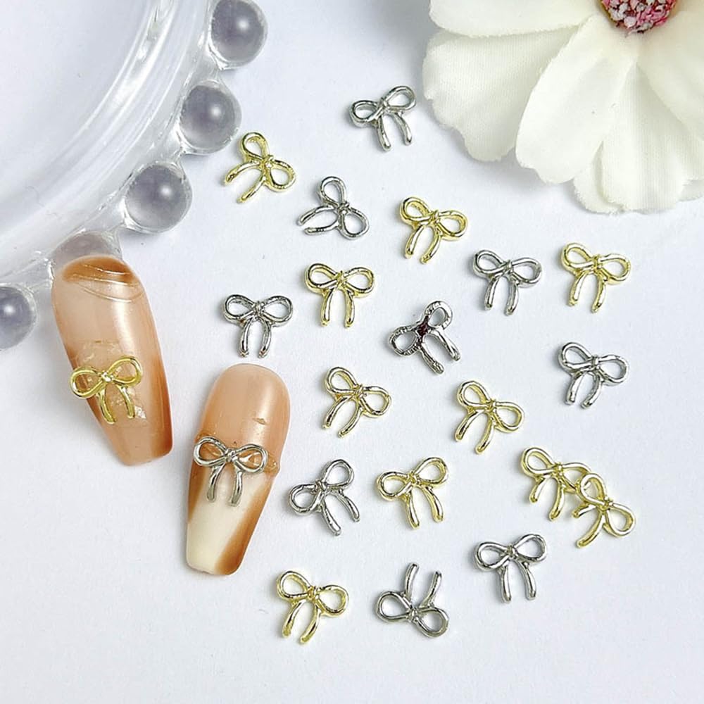 S.A.V.I Bow Nail Art Charms Set – 3D Gold & Silver Metal Bows for Nails | 12 Unique Styles | Nail Accessories for DIY Nail Art, Acrylic, Gel Manicure | 130mm Box, 30g Kit