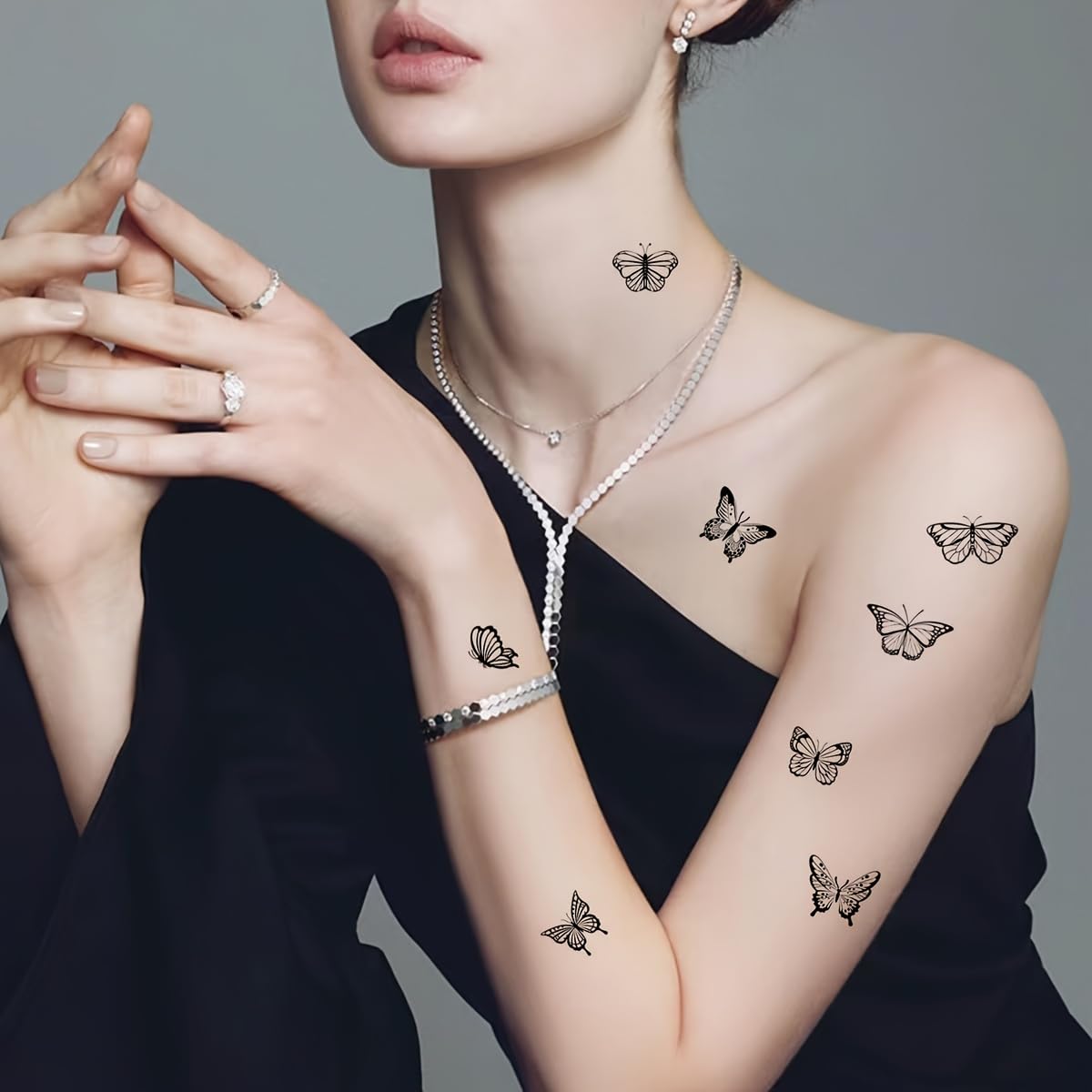S.A.V.I 30 Pcs Black Butterfly Temporary Tattoos for Women & Girls | Safe Non-Toxic Waterproof Body Art Stickers | 9.7x5.7cm Minimal Design for Wrist, Neck, Shoulder | Easy to Apply & Remove (16)