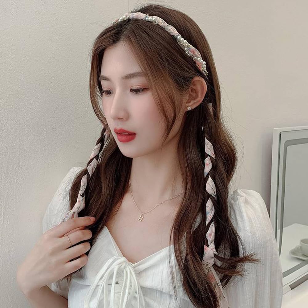 S.A.V.I Floral Pink Designer Hairband for Women & Girls | 59cm Braided Headband with Pearls, Rhinestones & Bow | Stylish Hair Accessory for Ethnic & Western | Soft & Comfortable Fit