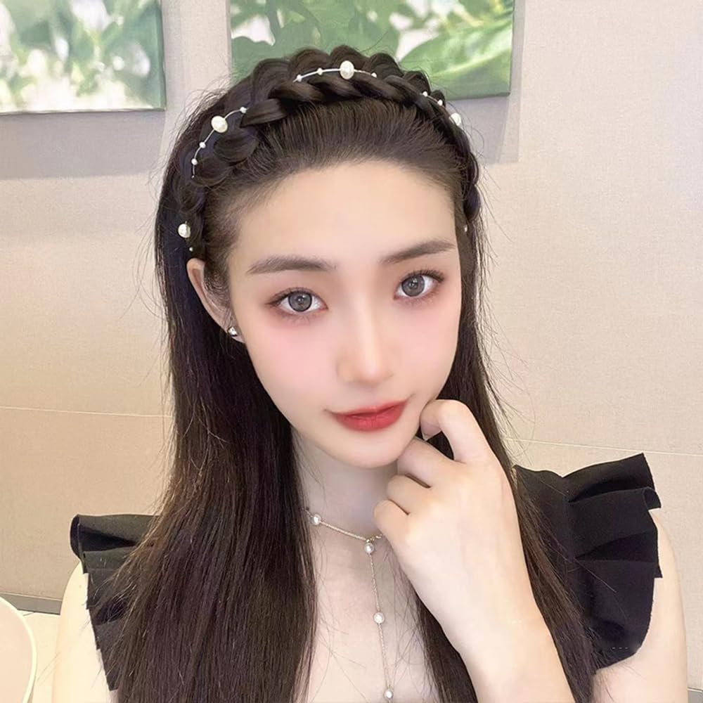 S.A.V.I Natural Black Braided Hairband for Women & Girls | Faux Hair Braid Headband with Pearls | Stylish Hair Accessory for Party, Wedding, Daily | 13x15 cm Elegant Look