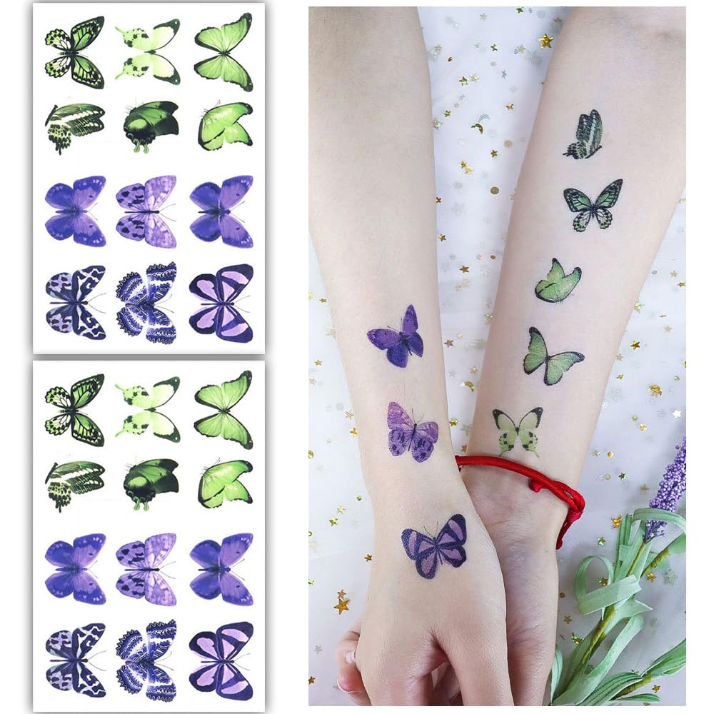 S.A.V.I 2 Sheets Butterfly Temporary Tattoos for Kids  Adults - 12 Vibrant Green  Purple Designs, Easy to Apply, Waterproof, Lasts 3-5 Days - Ideal for Parties, Festivals, DIY Crafts