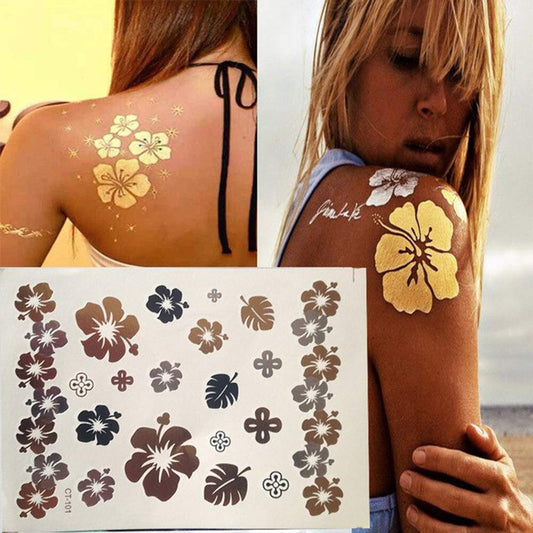 S.A.V.I 3D Temporary Tattoo Golden And Silver Metallic Sticker Bow Flower Hearts Design Size 21x15CM - 1PC. (4)
