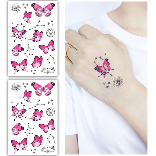 S.A.V.I 2 Sheets - Butterfly Constellation Temporary Tattoo Stickers, 12x7.5 cm - Vibrant Pink Butterflies  Stars, Waterproof, Long-lasting, Easy Application  Removal, Ideal for Kids  Party Favors