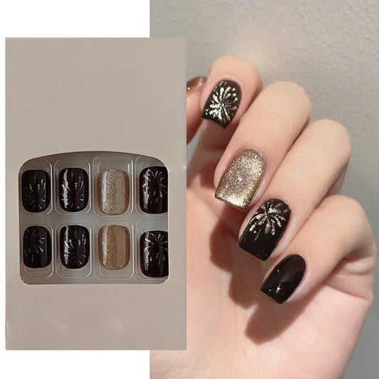 S.A.V.I 24 PCs Set of Medium Length Square Shape Blackish Burgundy Firework Cat Eye Reusable Fake Nails - DIY Manicure Kit, Easy Application  Removal, Perfect for Parties  Events