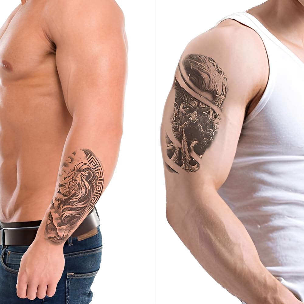S.A.V.I 3 PCS Large Temporary Tattoo Stickers for Men – Mythical Warrior & Lion Design, Black Waterproof Body Art, 21x10 cm, Safe Non-Toxic, Long-Lasting Arm & Shoulder Tattoos