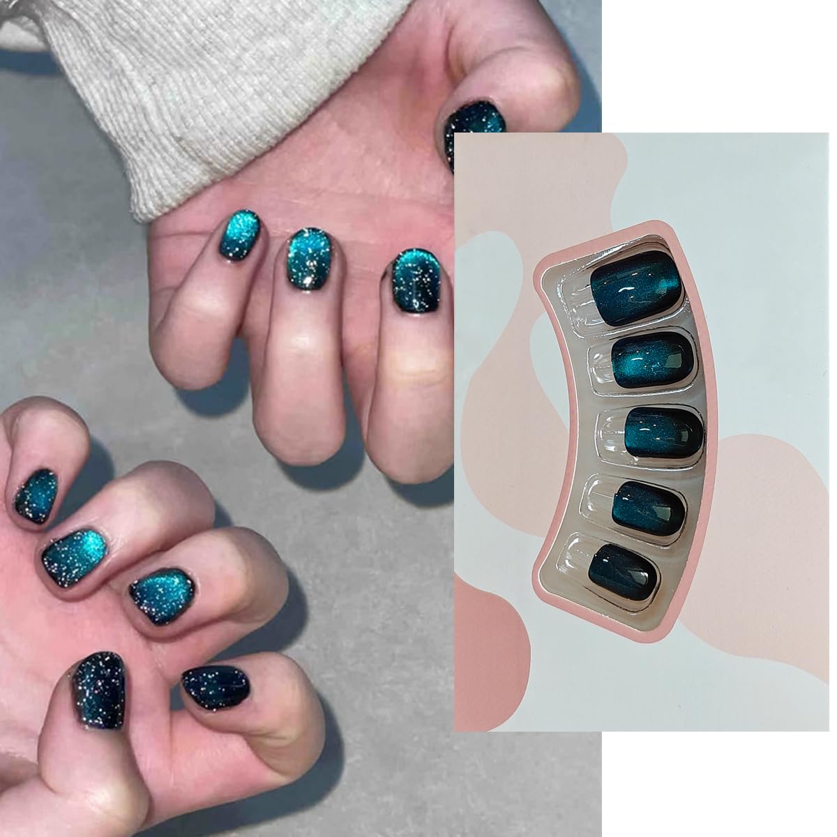 S.A.V.I 24 Pcs Blue Cat’s Eye Press On Nails | Short Natural Shape Fake Acrylic Hand Nails with Glue & Adhesive Tabs | Reusable Nail Art Kit for Women & Girls (Trendy & Easy to Apply)