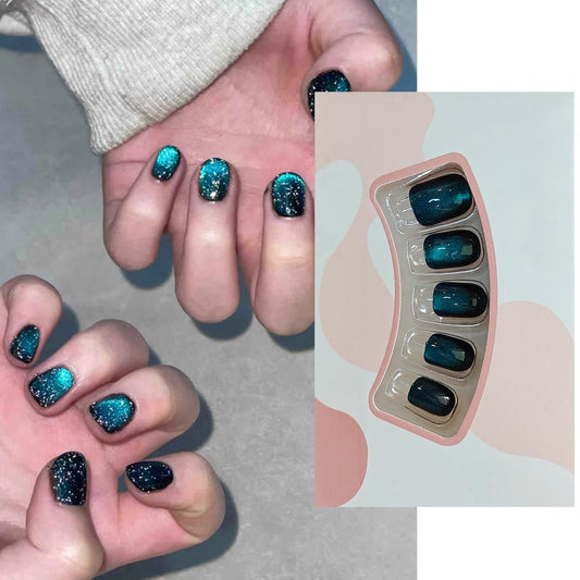 S.A.V.I 24 Pcs Blue Cat’s Eye Press On Nails | Short Natural Shape Fake Acrylic Hand Nails with Glue & Adhesive Tabs | Reusable Nail Art Kit for Women & Girls (Trendy & Easy to Apply)