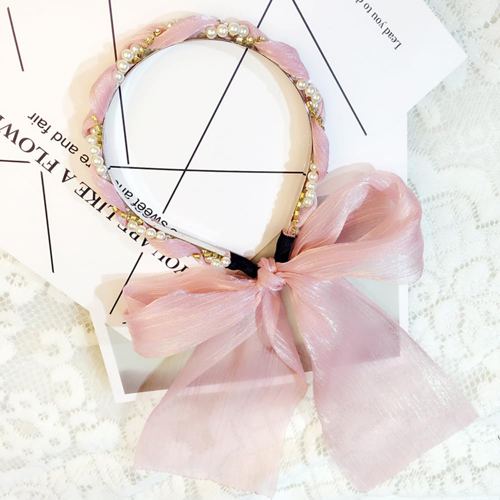 S.A.V.I Pink Pearl & Rhinestone Embellished Headband for Women & Girls | 51cm Soft Satin Ribbon Hairband | Stylish Hair Accessory for Weddings, Parties, Festive