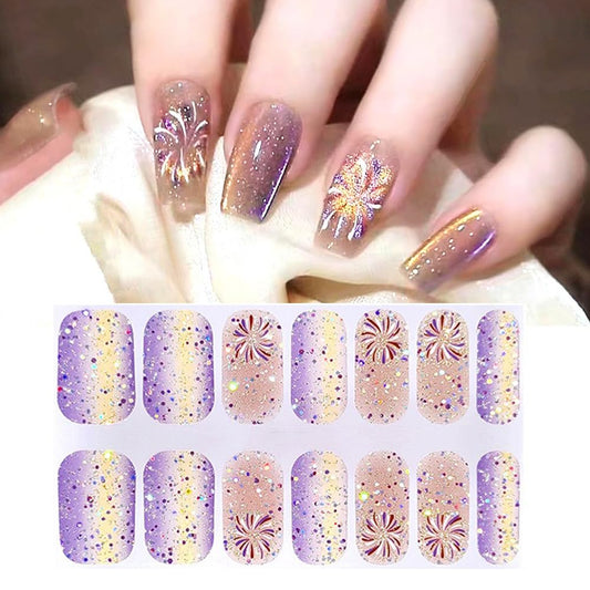 S.A.V.I 14 PCS Purple Pink Glitter Ombre Gel Nail Stickers | Self Adhesive, Easy to Use, Long Lasting, Salon Quality