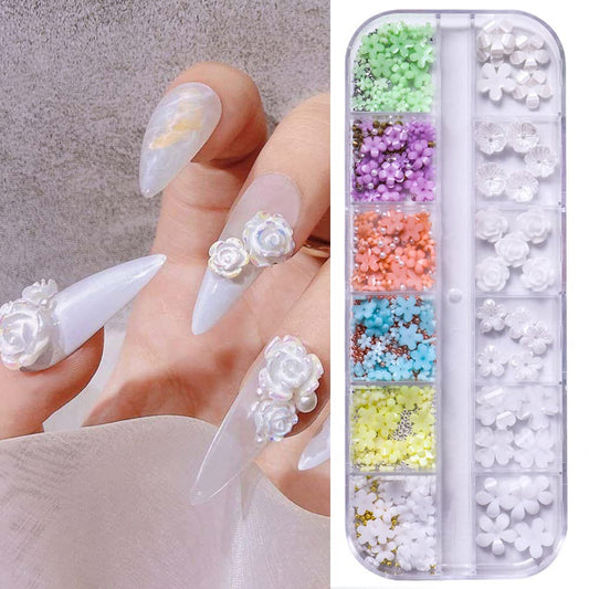 S.A.V.I Colorful Flower Nail Art Decorations - 12 Grids of 3D Metal Beads, Rhinestones, and Pearls