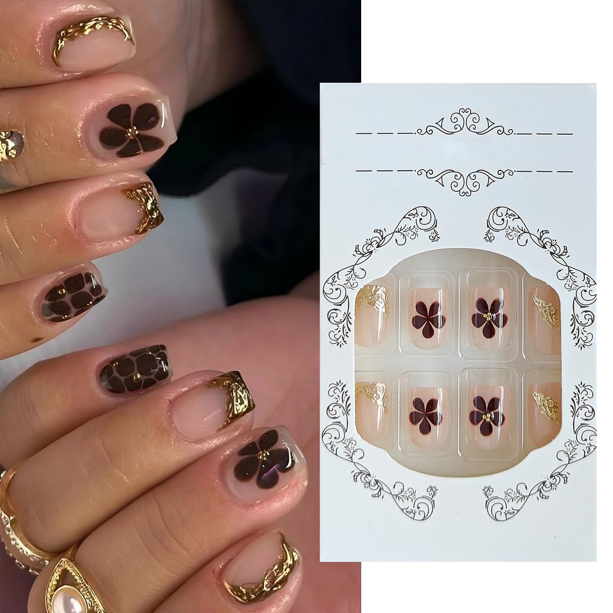 S.A.V.I 24 Pcs Nude & Brown Short Fake Nails with 3D Golden Design | Natural Shape Press On Nails with Glue & Adhesive Tabs | Easy Manicure Nail Art Decoration for Women & Girls