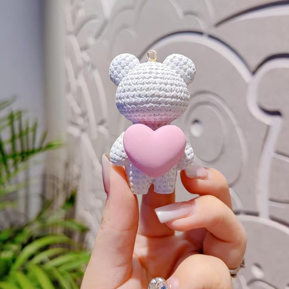 S.A.V.I Cute White Bear Keychain with Pink Heart Charm | Resin Teddy Pendant (6.2cm) | Braided PU Leather Wrist Strap & Gold Ring | Stylish Key Holder for Girls, Women & Accessories (White)