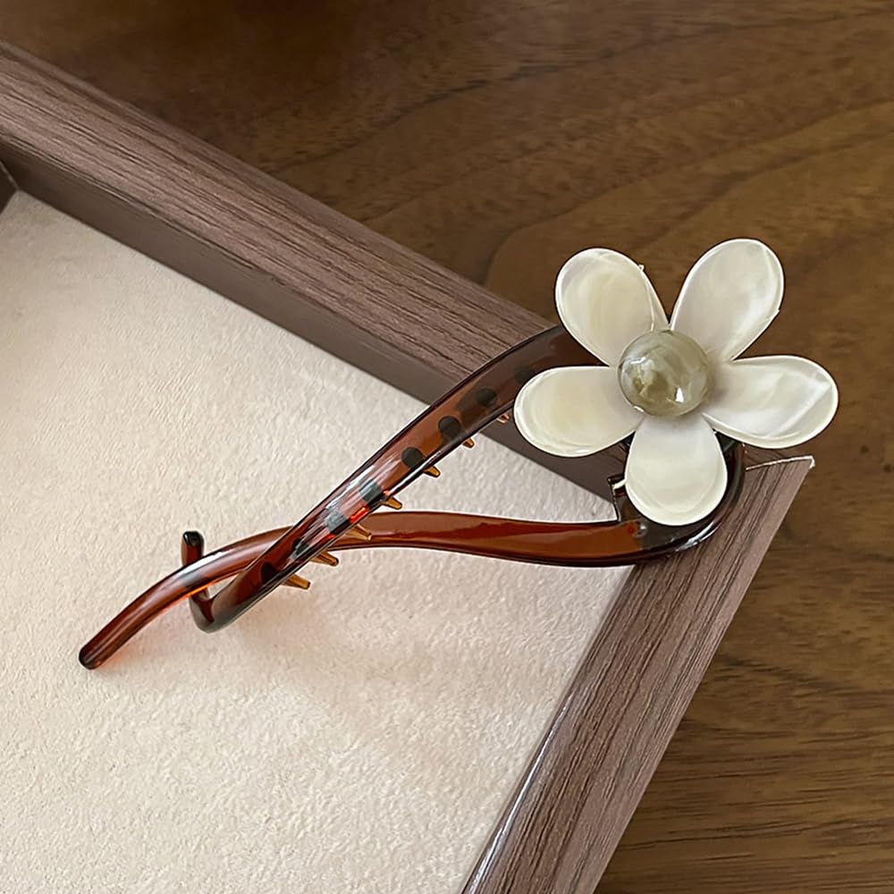 S.A.V.I Elegant 11cm Hair Clip for Women & Girls | White Flower with Pearl Center | Brown Tortoiseshell Acrylic Barrette | Stylish Floral Hair Accessory for Party, Ethnic & Daily