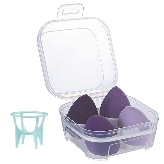 S.A.V.I 4 Piece Pack Cosmetic Wet and Dry Powder Puff Beauty Makeup, Egg Sponge, with Box and Stand (Purple)