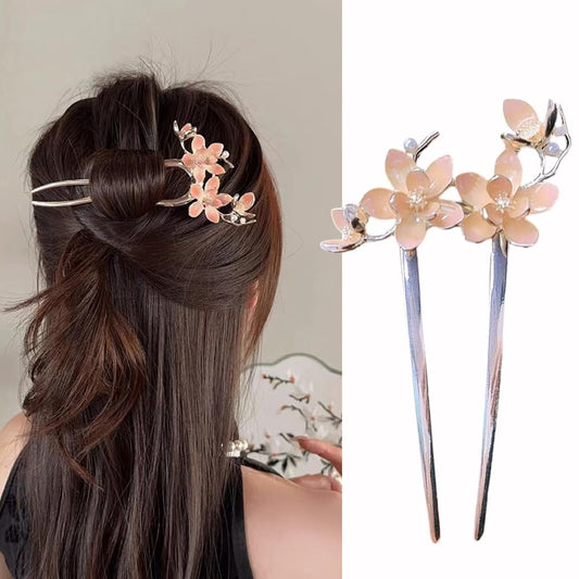 S.A.V.I Pink Enamel Peach Blossom U-Shaped Hairpin for Women | Elegant Floral Hair Accessory for Updos  Hairstyles | Chic Bridal, Party  Casual Wear Ornament | Durable  Stylish Design