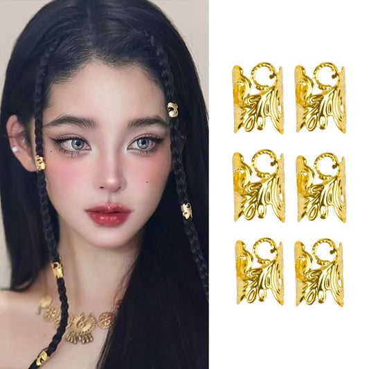 S.A.V.I 6 Pcs Gold Plated Hair Ring Clips for Women | 16x12mm Leaf Design Metal Cuffs for Braids, Dreadlocks & Party Hairstyles | Stylish Hair Accessories for Girls & Women