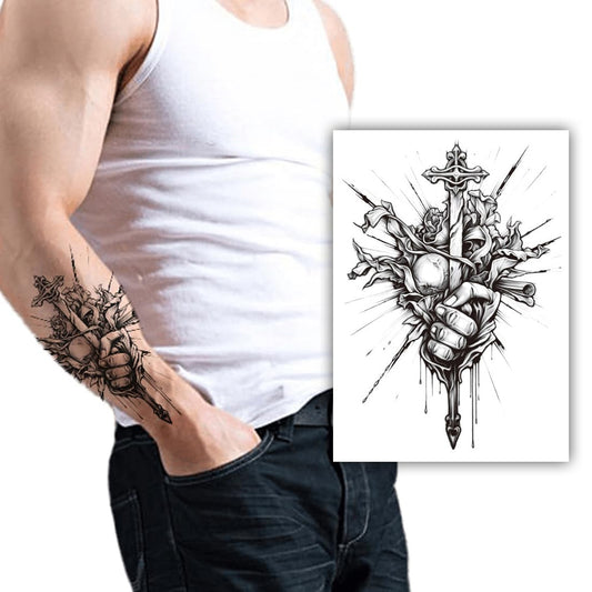 S.A.V.I 1 Pc Temporary Tattoo for Men – Bold Black Sword & Hand Design, 21x11 cm | Waterproof, Long-Lasting, Non-Toxic Tattoo Sticker for Arm, Shoulder | Safe Skin Art for Party, Fashion Look