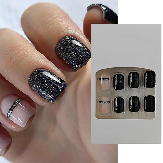 S.A.V.I 24 PCs Short Natural Shape Nude  Black with Glitter Press-on Fake Nails for DIY Manicure – No Liquid Glue Included – Easy to Apply  Long-Lasting