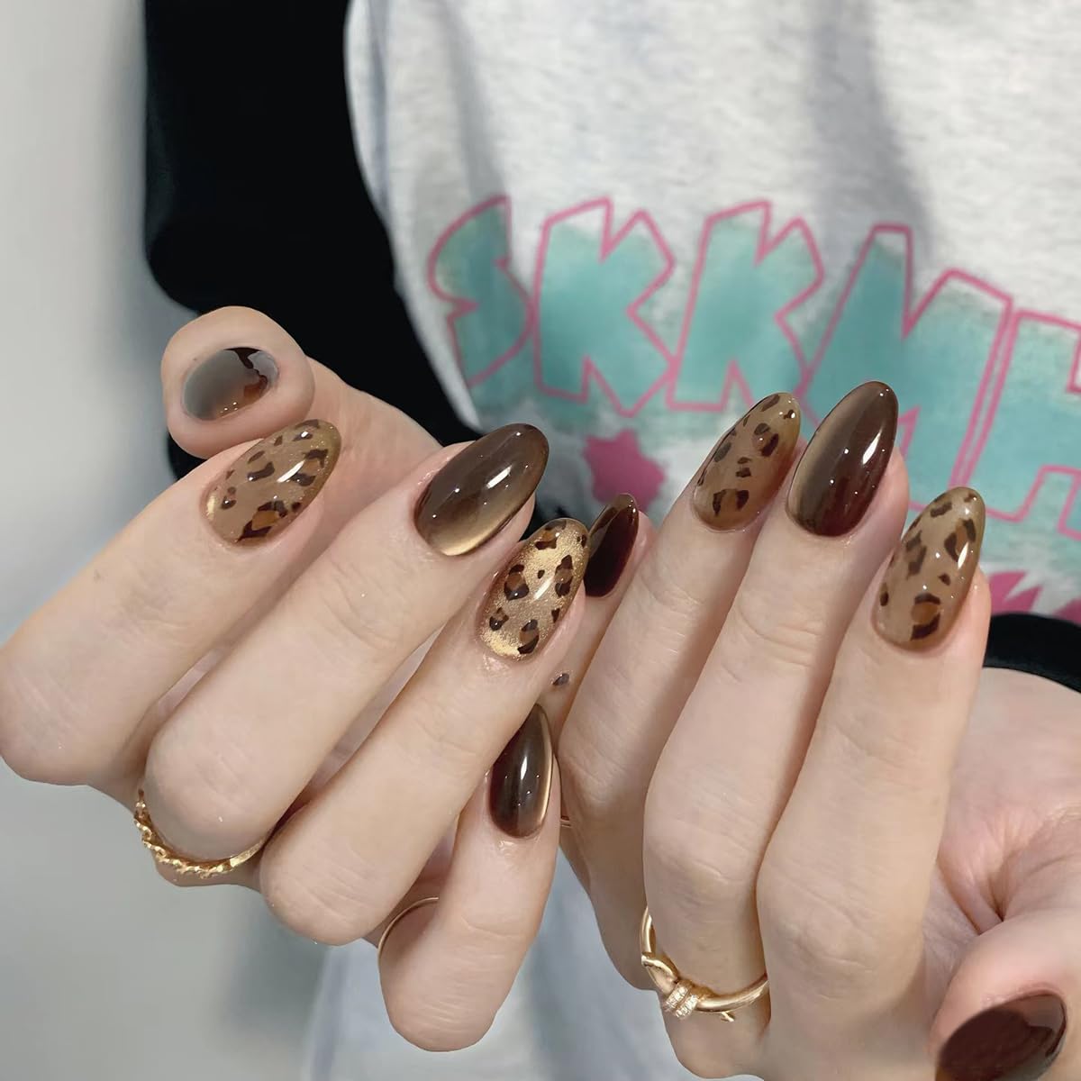 S.A.V.I Long Almond Cat Eye Brown Press-On Nails | 30 Reusable Pieces with Leopard Print Design | Includes Nail Glue & Adhesive Tabs for Salon-Look Manicure at Home