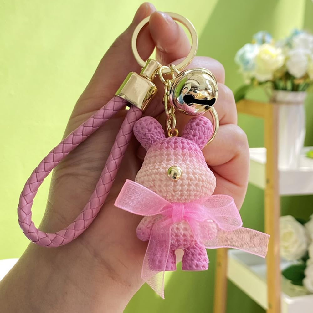 S.A.V.I Cute Pink Bunny Resin Keychain with Bow & PU Leather Strap | Stylish Golden Ring & Bell Charm | Bag, Purse & Car Key Holder for Girls & Women – Lightweight 56g (6cm)