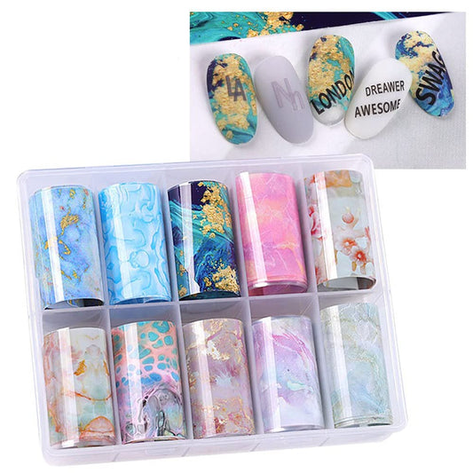 S.A.V.I 10 Rolls Nail Foil Transfer Sticker DIY Holographic Multicolor Marbles Pattern Nail Decoration, 4x100CM each roll