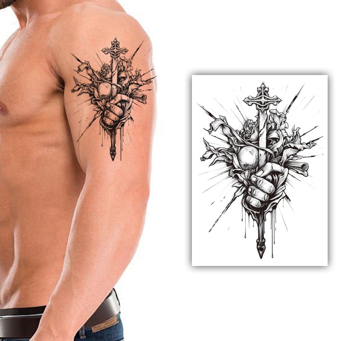 S.A.V.I 1 Pc Temporary Tattoo for Men – Bold Black Sword & Hand Design, 21x11 cm | Waterproof, Long-Lasting, Non-Toxic Tattoo Sticker for Arm, Shoulder | Safe Skin Art for Party, Fashion Look