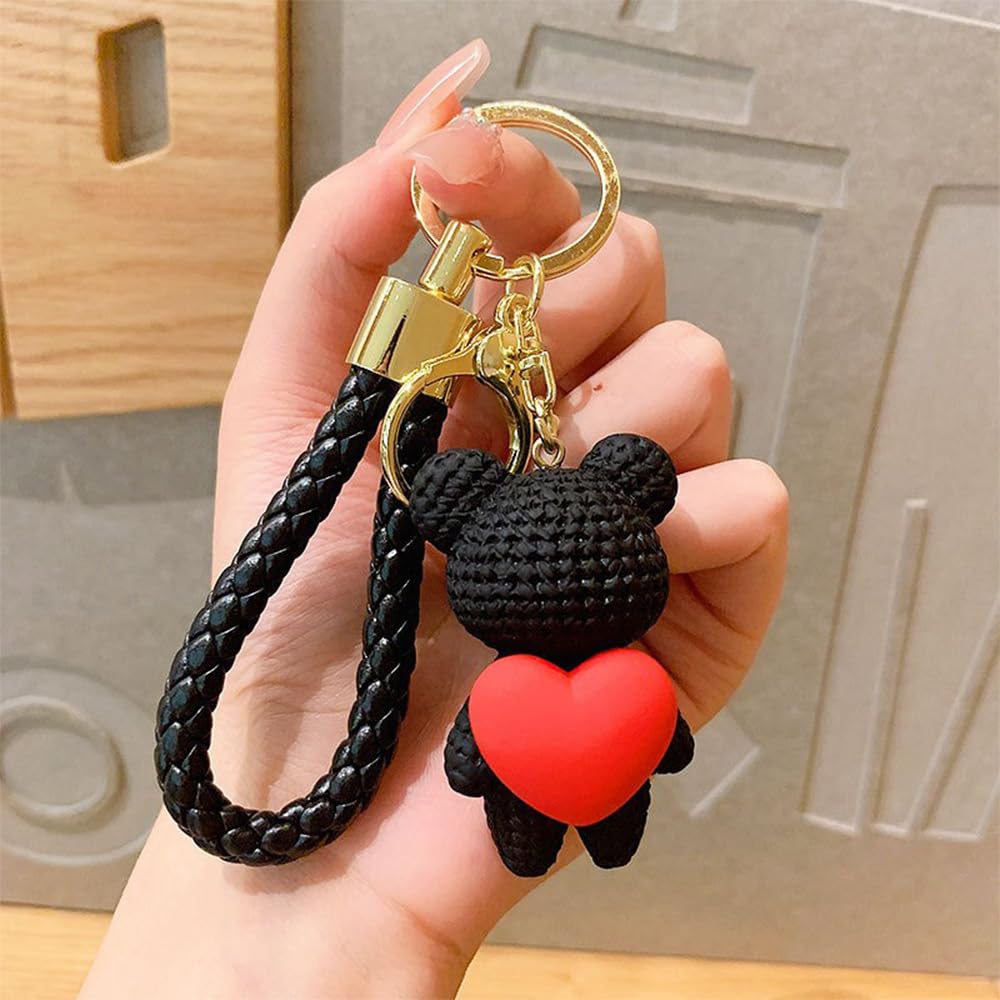 S.A.V.I Cute Pink Bear Keychain with Heart Charm | Resin Mini Teddy Pendant 6cm | Braided PU Leather Wrist Strap | Lightweight Gold Key Ring for Girls, Women (Black)