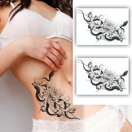 S.A.V.I 2PCS Snake  Flowers Temporary Tattoo Stickers - Detailed Realistic Art, 22x15 cm, Longevity Symbol