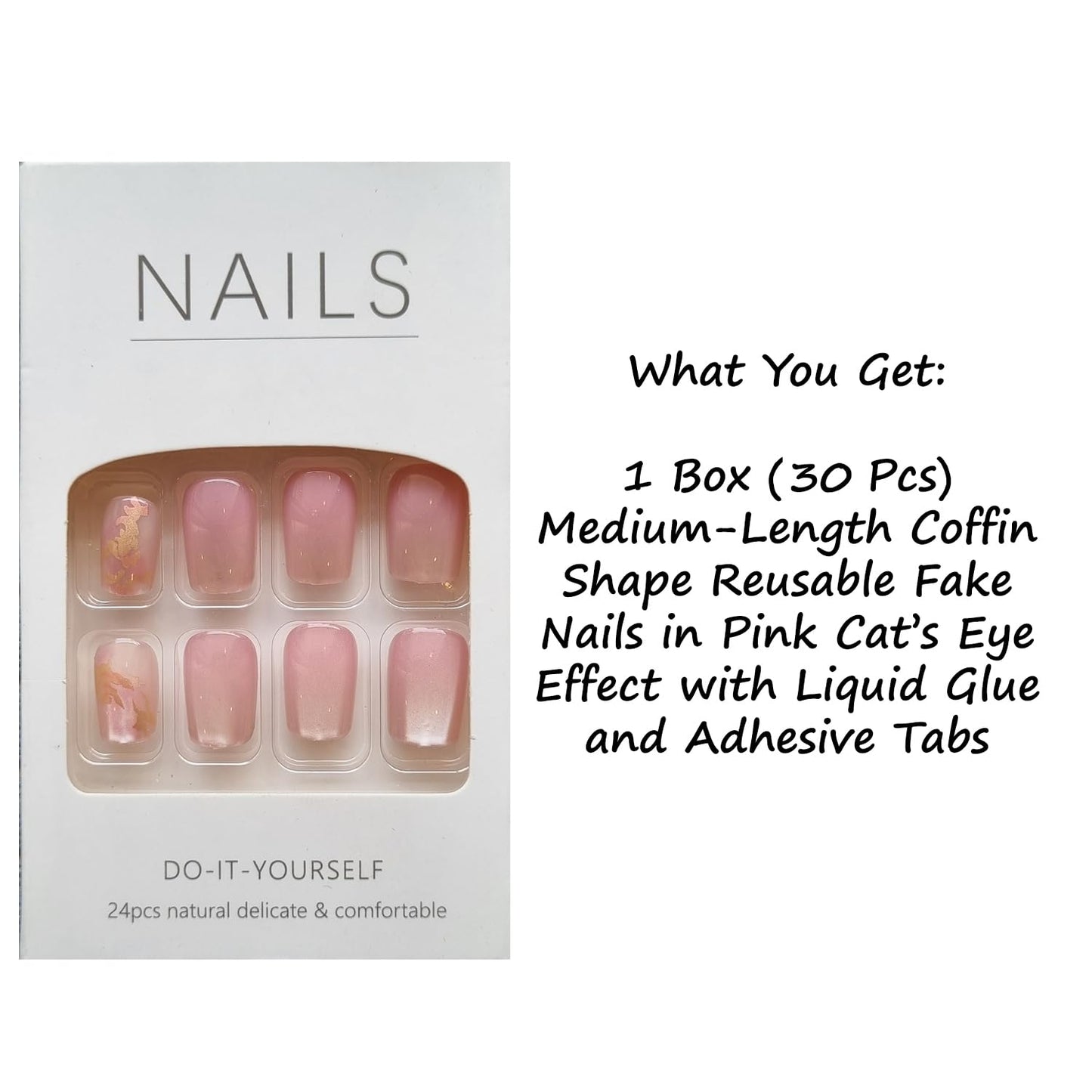 S.A.V.I 30 Pcs Pink Cat’s Eye Press-On Nails | Medium Coffin Shape Fake Nails with Marble Foil Design | Glossy Reusable Nail Tips for Women & Girls | With Adhesive Tabs & Nail Glue