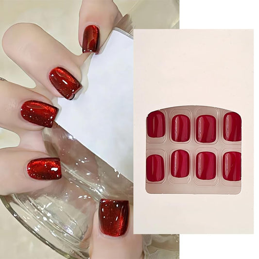 S.A.V.I 24 Pcs Short Red Cat’s Eye Glossy Press On Nails – Natural Shape – Reusable Fake Nails with Nail Glue & Adhesive Tabs – DIY Salon-Quality Manicure at Home