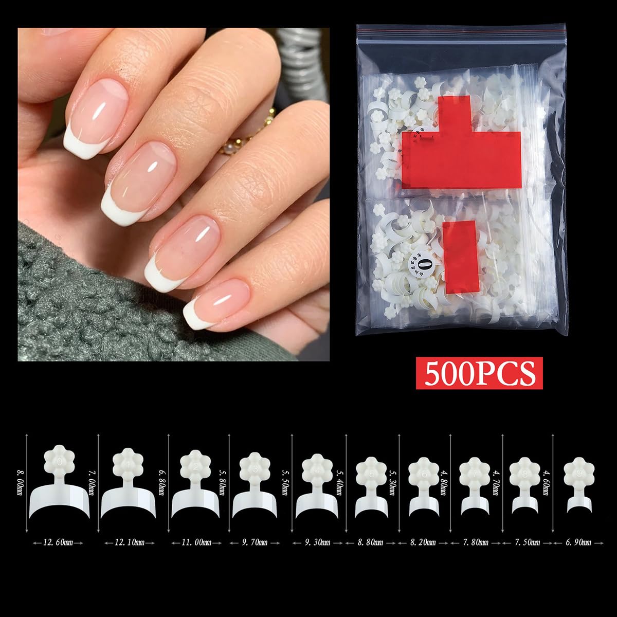 S.A.V.I 500 Pcs White French Short Nail Tips | 10 Sizes ABS Plastic Nail Extensions for DIY Manicure & Salon Use | Curved Design Reusable Tips for Women & Girls | Nail Art Kit for Beginners & Pros