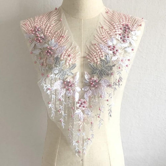S.A.V.I 3D Floral Applique Patch for Dresses | Pink  Gold Embroidered Mesh Lace Fabric (55x28 cm) | DIY Bridal, Ethnic Wear, Lehenga, Saree, Gown, Blouse  Craft Sewing Accessory | 1PC (Pink)