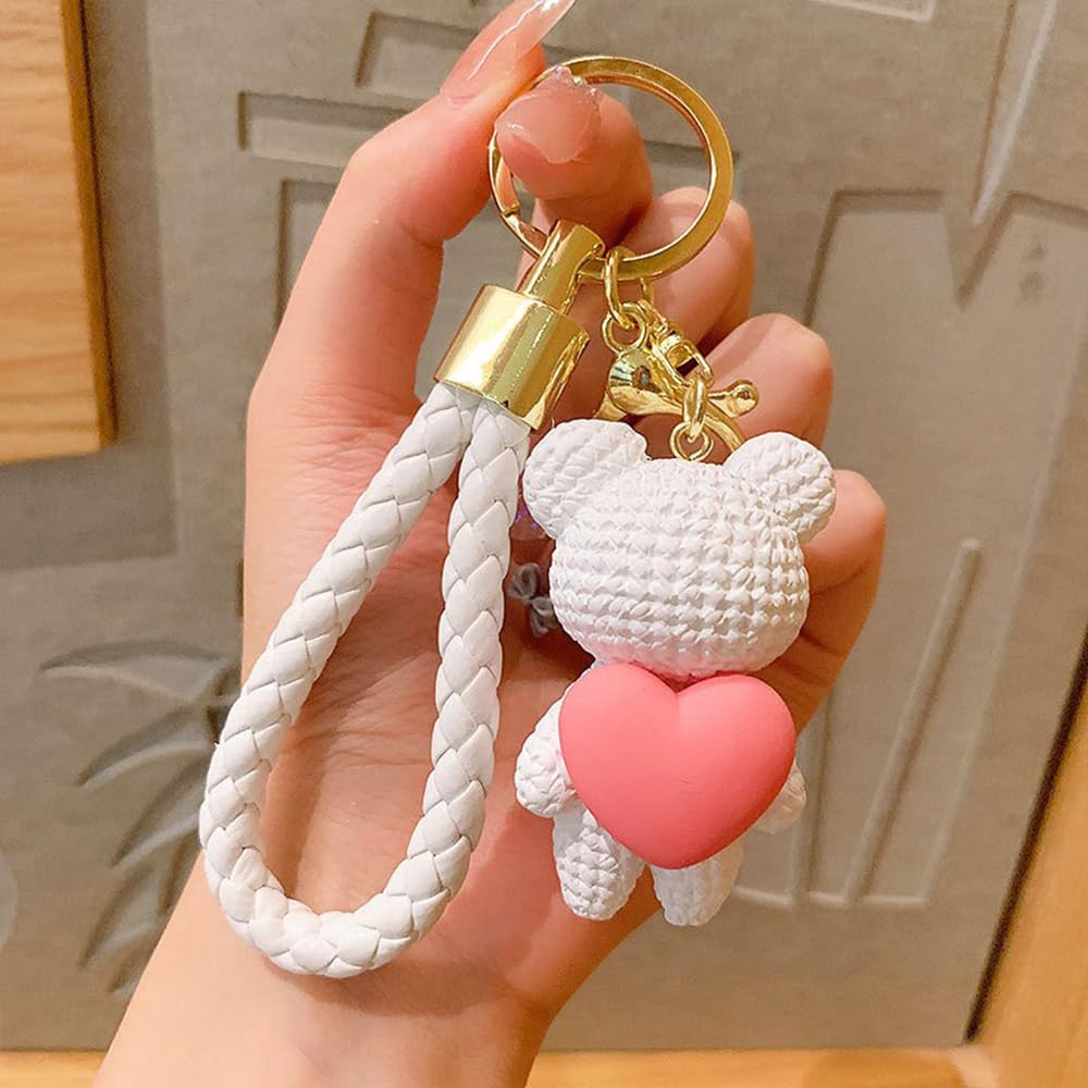S.A.V.I Cute White Bear Keychain with Pink Heart Charm | Resin Teddy Pendant (6.2cm) | Braided PU Leather Wrist Strap & Gold Ring | Stylish Key Holder for Girls, Women & Accessories (White)