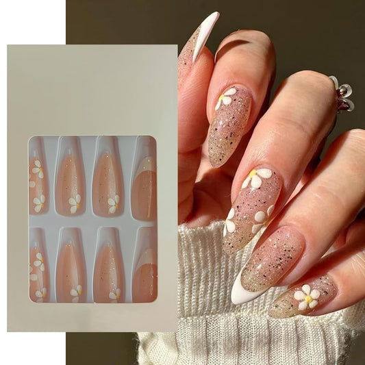 S.A.V.I 24Pc Glitter Floral Almond Fake Nails - Press-On Manicure Set with Adhesive Tabs  Glue