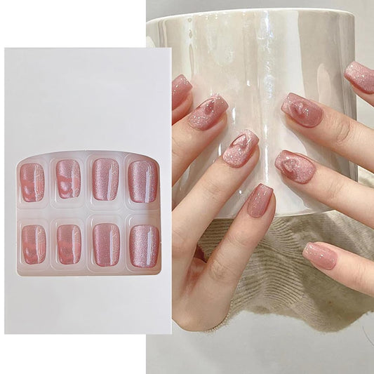 S.A.V.I 24 Pcs Nude Pink Cat Eye Fake Nails, Short Square Shape with Heart Design, Natural-Look Press-On Nail Kit for Women  Girls, DIY Manicure Set, Easy to Apply  Long-Lasting