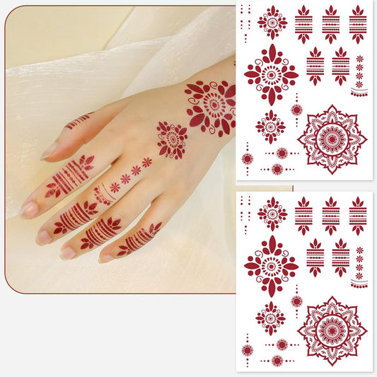S.A.V.I 2 Sheets - Red Mehndi Style Temporary Tattoo Stickers for Women & Girls (16x12cm) | Floral Net Design | Waterproof, Safe, Non-Toxic Body Art for Hands – Easy to Apply & Remove (#50)