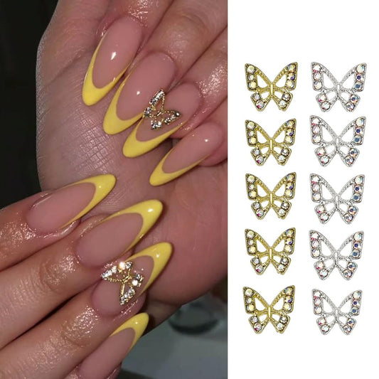 S.A.V.I 3D Butterfly Nail Art Charms for Women (10 Pcs, 10 × 9 mm) | Gold & Silver Alloy Rhinestone Nail Decorations | Reusable Sparkling Accessories for DIY Gel/Acrylic Extension & Salon Manicure