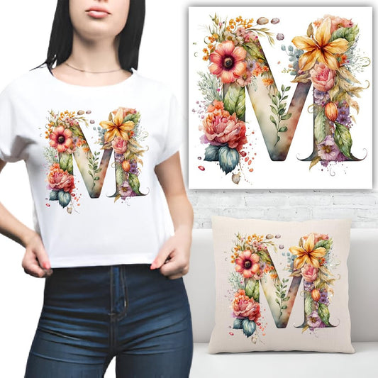 S.A.V.I 1PC Floral Alphabet Iron-On Patch – Washable Heat Transfer Sticker for DIY T-Shirts, Jeans, Pillows, Backpacks, Hats – Easy Applique with Beautiful Flower Design – Clothing  Accessories Patch (M)