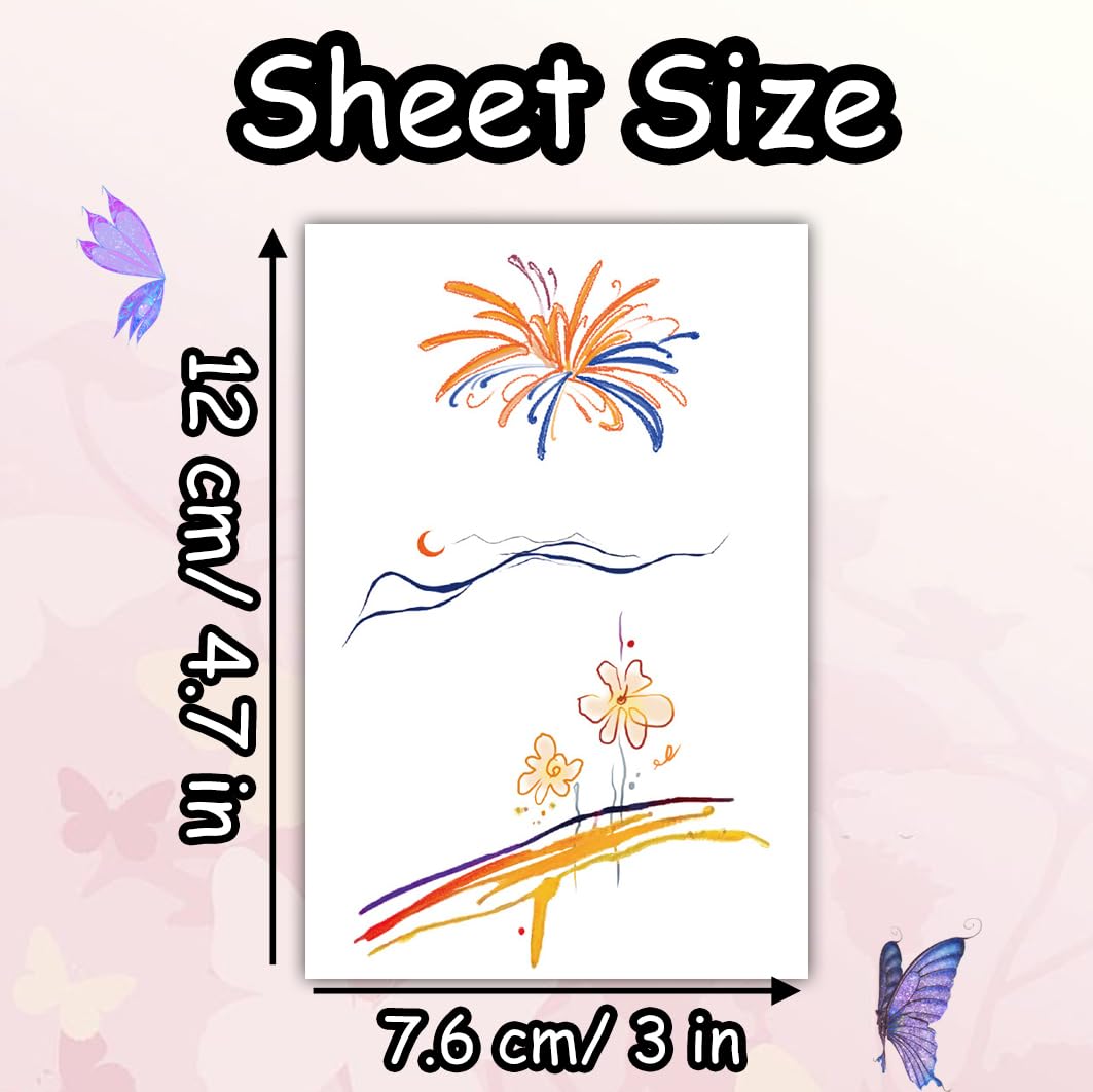 S.A.V.I Orange & Blue Floral Fireworks Line Art Temporary Tattoo Sticker – Waterproof Easy-Apply Body Art Safe Non-Toxic 12 × 7.6 cm Sheet for Wrist Hand Arm Women Girls, 1 Pc (60)