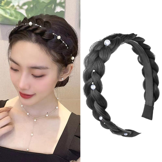 S.A.V.I Natural Black Braided Hairband for Women & Girls | Faux Hair Braid Headband with Pearls | Stylish Hair Accessory for Party, Wedding, Daily | 13x15 cm Elegant Look