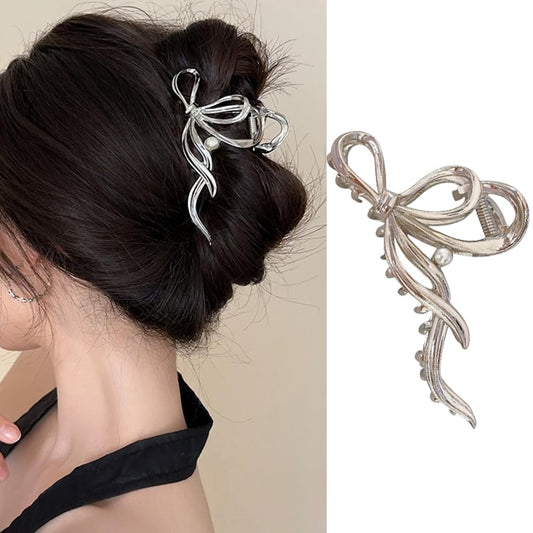 S.A.V.I Silver Metal Bow Hair Clutch for Women  Girls | Elegant Pearl Hair Clip | Stylish Hair Accessory for Party, Casual  Festive | Western Design Hair Claw for Strong Grip  Secure Hold