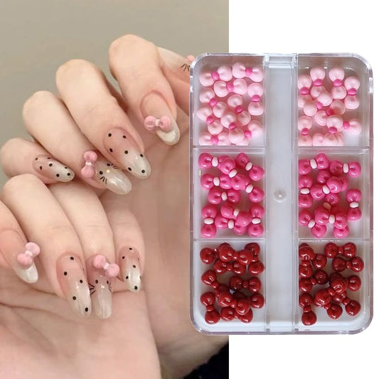 S.A.V.I 60 Pcs 3D Bow Nail Art Decorations – Light Pink, Hot Pink & Red Acrylic Mini Bows for DIY Nail Design, Manicure & Pedicure Accessories with 6-Section Storage Box