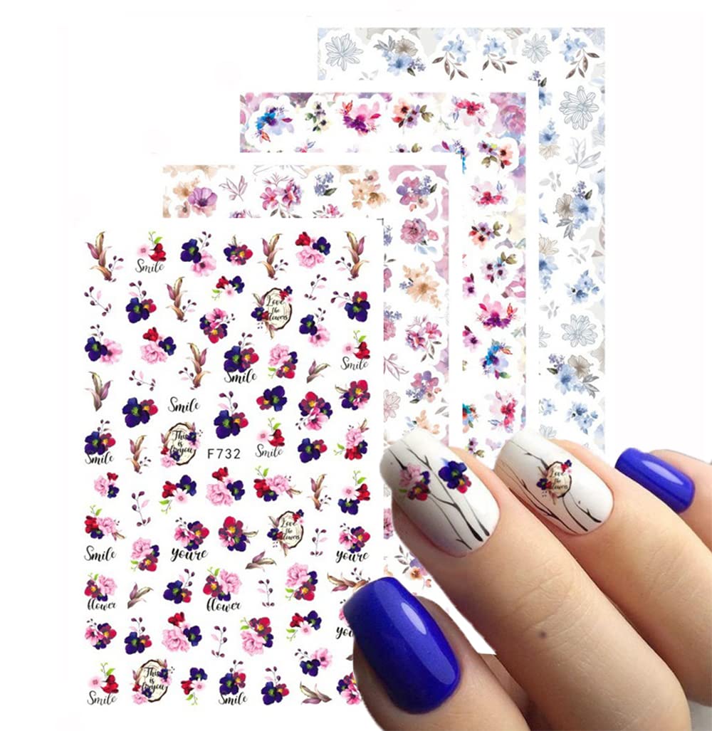 S.A.V.I 4 Sheets Self-Adhesive Floral Nail Stickers, Nail Decorations Fashion Accessories DIY Manicure