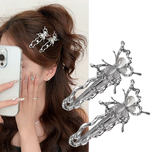 S.A.V.I 1 Pair Silver Butterfly Hair Clips for Women & Girls | Crystal Studded Hair Pins 6 CM | Elegant Hair Accessories for Party, Wedding & Daily | Stylish Hair Clutches