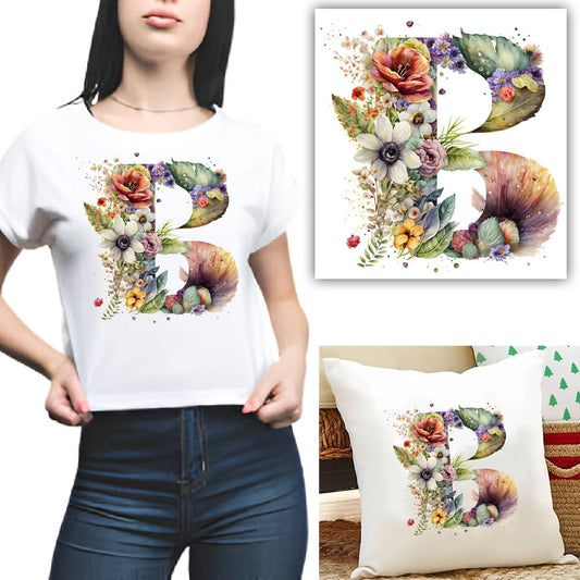 S.A.V.I 1PC Floral Alphabet Iron-On Patch – Washable Heat Transfer Sticker for DIY T-Shirts, Jeans, Pillows, Backpacks, Hats – Easy Applique with Beautiful Flower Design – Clothing  Accessories Patch (B)