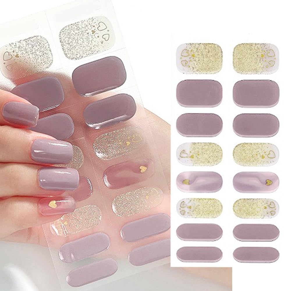 S.A.V.I Purple Glitter Heart Gel Nail Stickers - Semi-Cured UV Wrap Strips, Requires UV Lamp