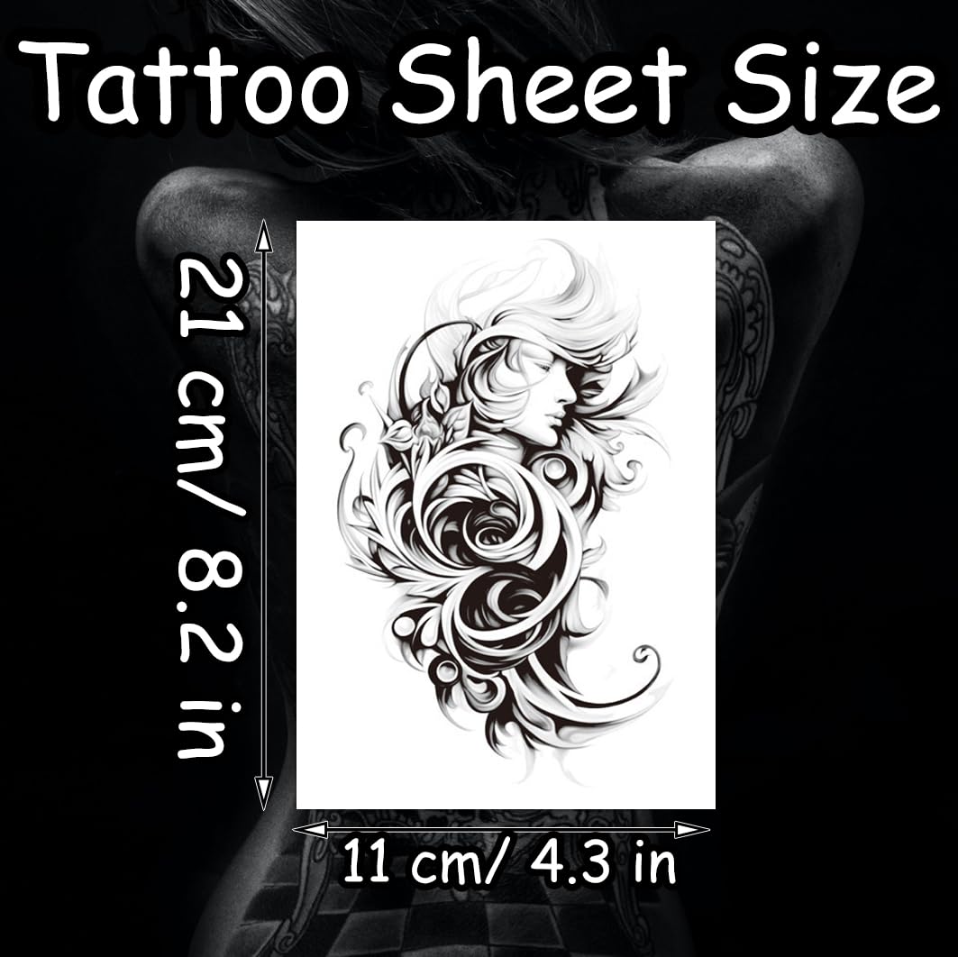 S.A.V.I Black Floral Swirl Goddess Arm Sleeve Temporary Tattoo Sticker | Large 21x11 cm Waterproof Sweatproof Skin-Safe Non-Toxic Removable Body Art for Men & Women | 1 Pc Festival Party Cosplay